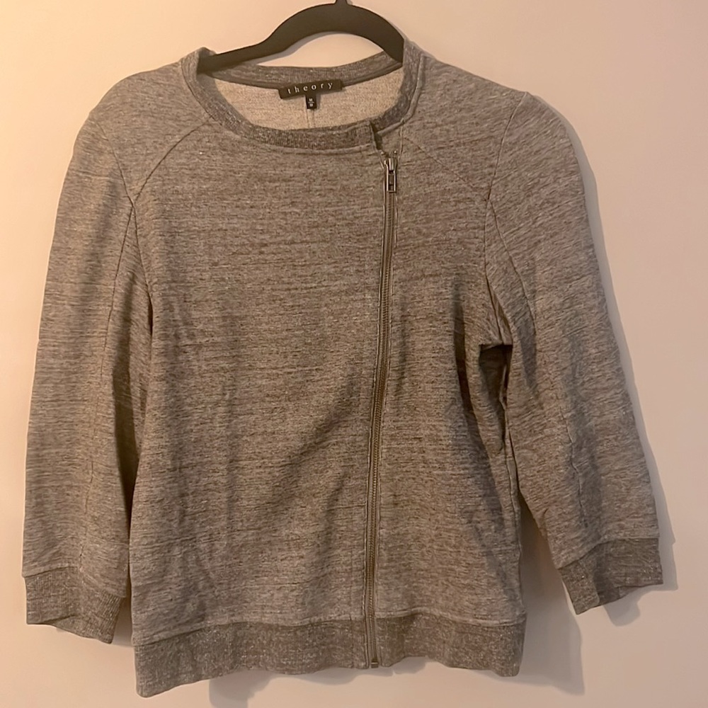 Women’s Theory, dark gray sweatshirt material cardigan.